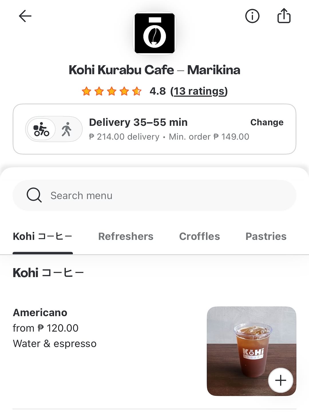 Kōhī Kurabu rated 4.8 stars on Foodpanda — order your favorites
